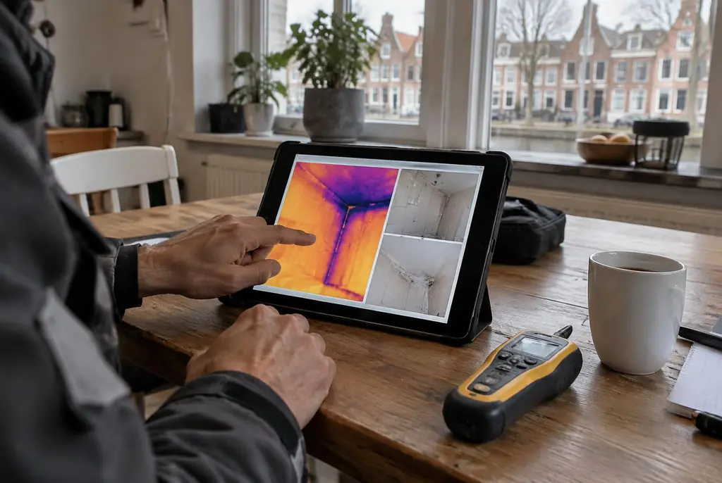 Lekdetectie Montfoort – lekdetectierapport met warmtebeelden en foto's op een tablet