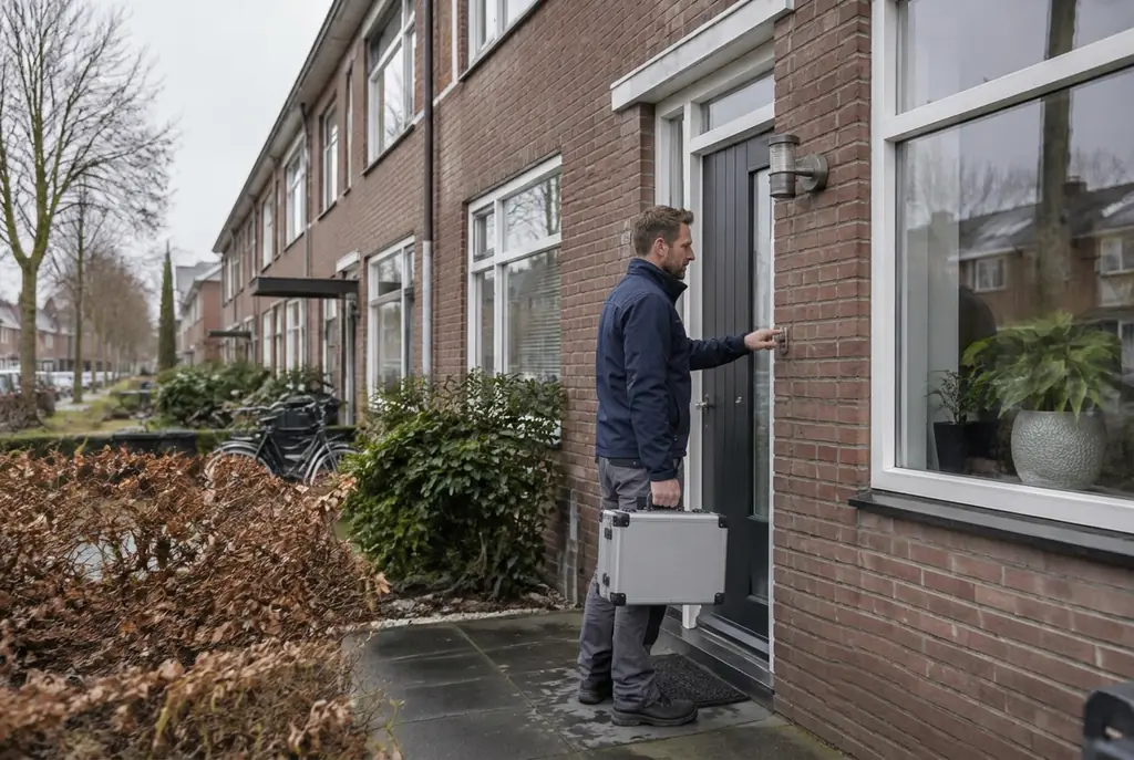 Lekdetectiespecialist met meetkoffer bij de voordeur van een woning in Montfoort