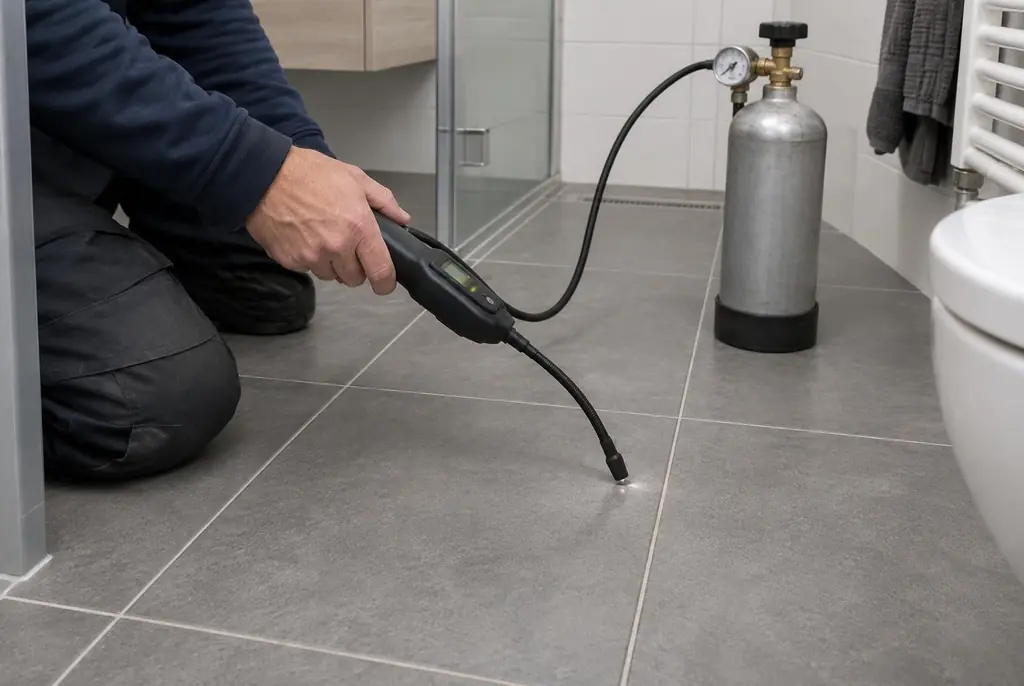 Lekdetectie Montfoort – technicus spoort met tracergas een lekkage op in de vloer